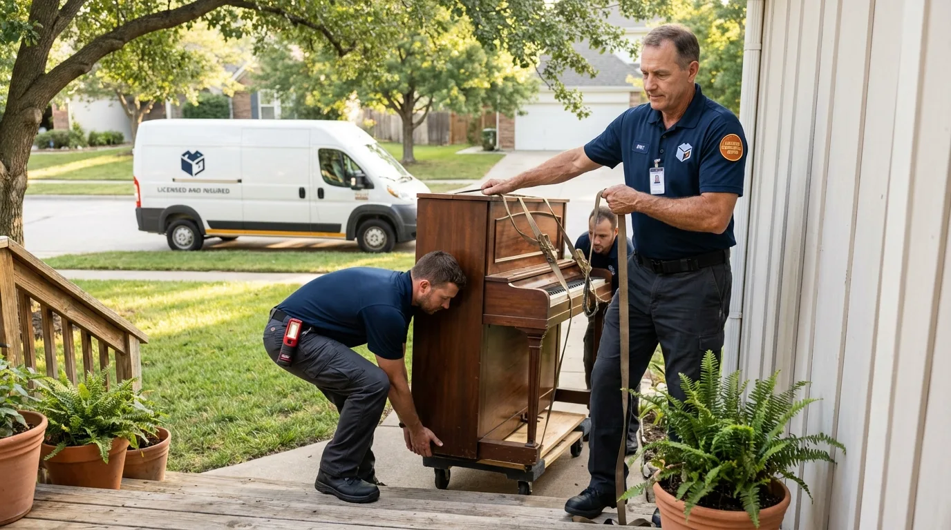 Licensed piano movers securing grand piano in Conway, PA