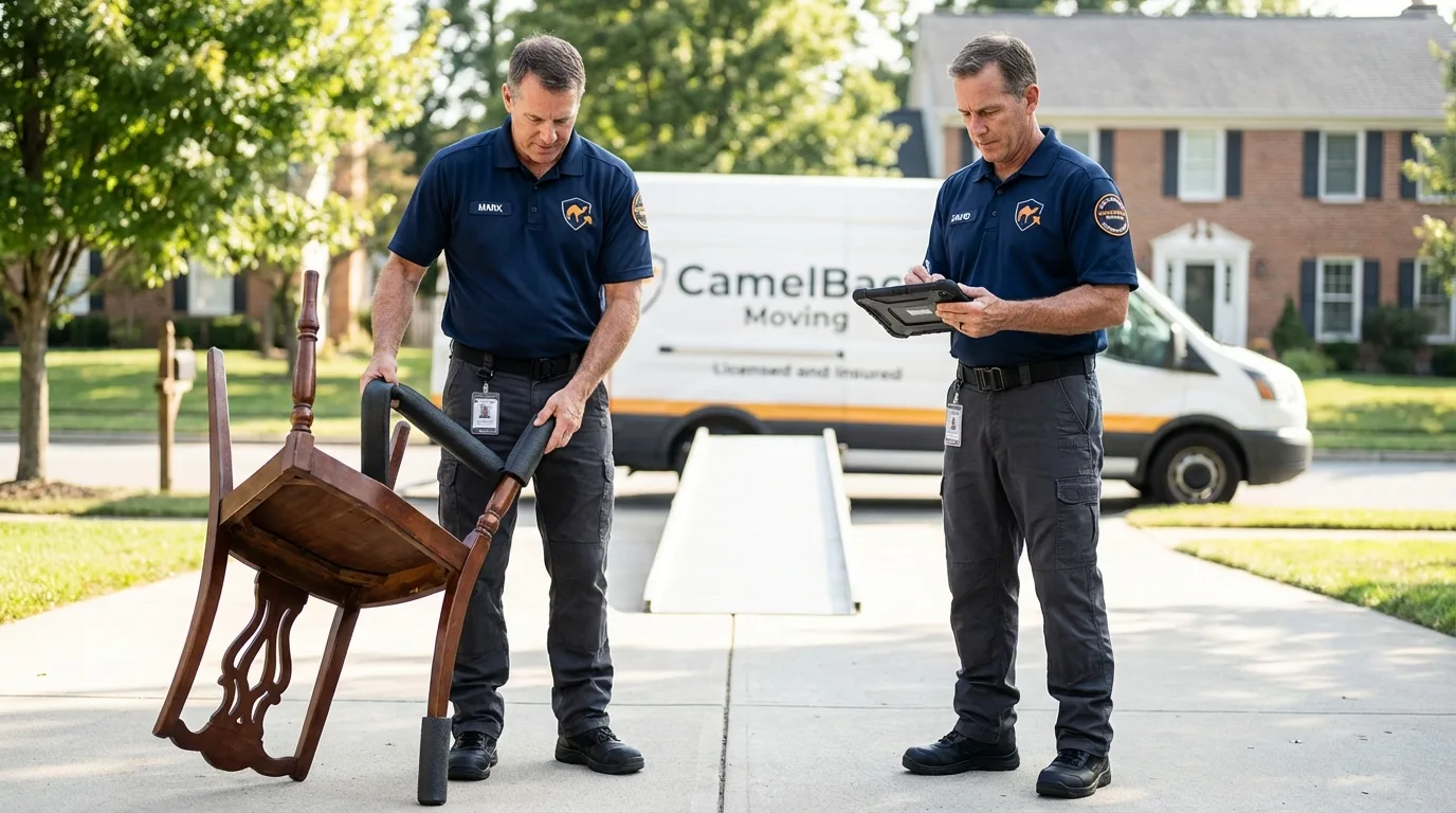 Movers inspecting furniture for damage prevention before loading in Conway, PA