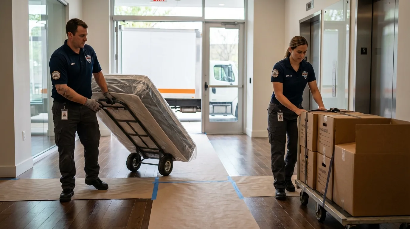 Professional apartment movers loading elevator in Conway, PA